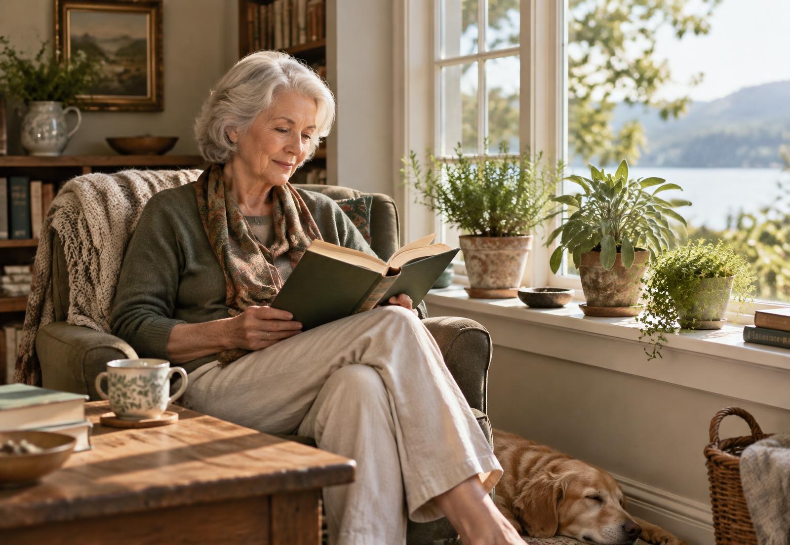 An older woman reading in a sunlit armchair beside potted sage and herbs