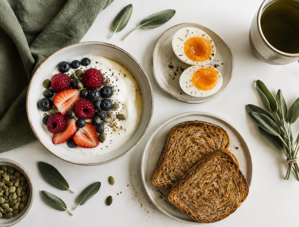 A protein-rich breakfast of yogurt with berries, eggs and whole-grain toast