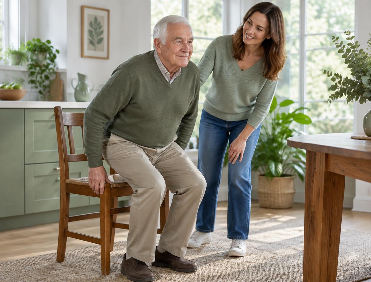An older man practicing a sit-to-stand from a sturdy chair as his daughter looks on